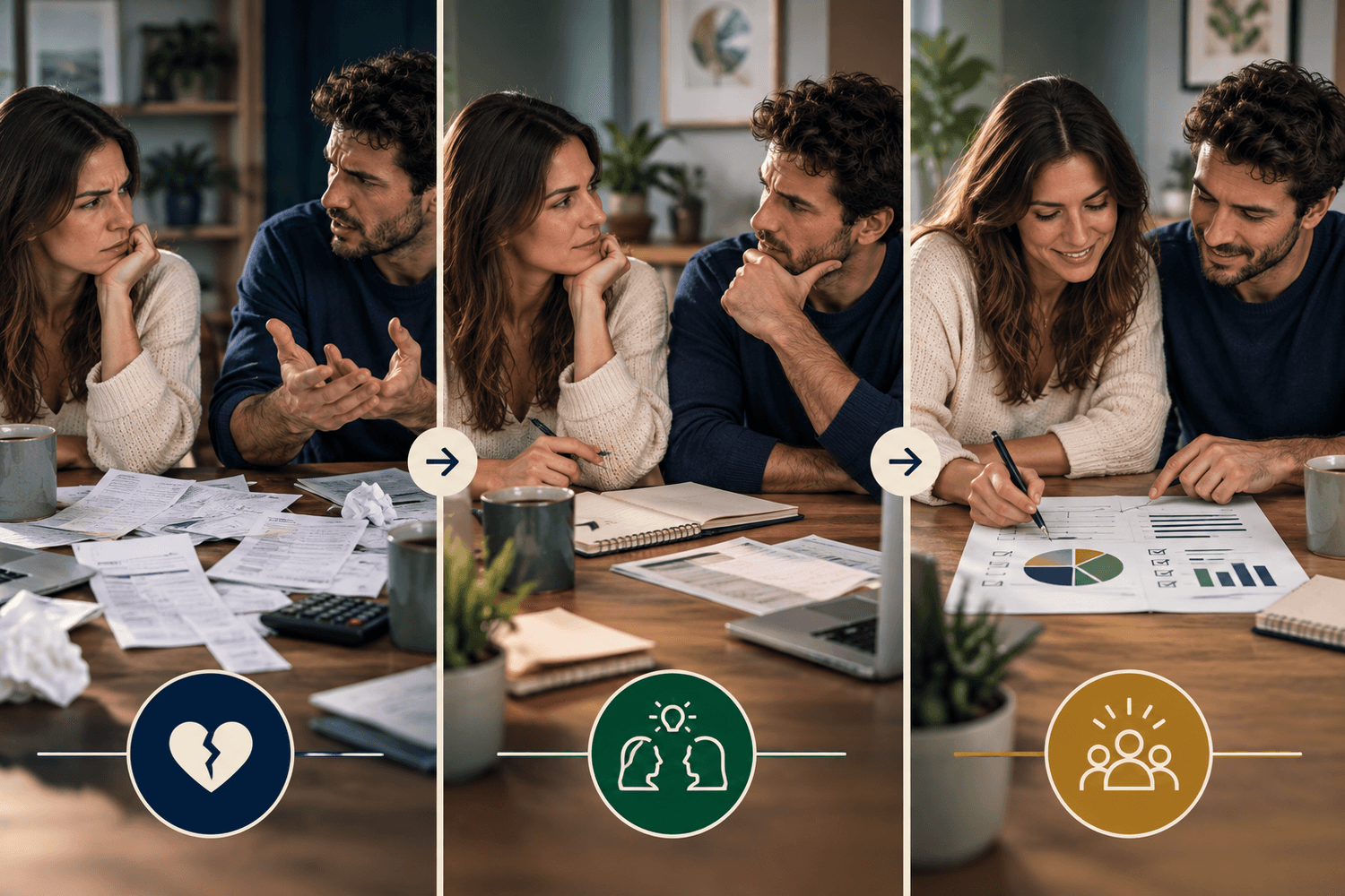 A visual representation of a couple moving from financial conflict to shared decisions