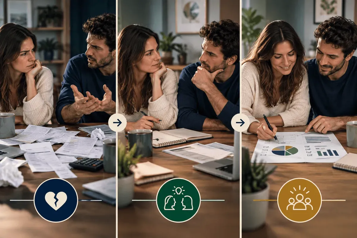 A visual representation of a couple moving from financial conflict to shared decisions