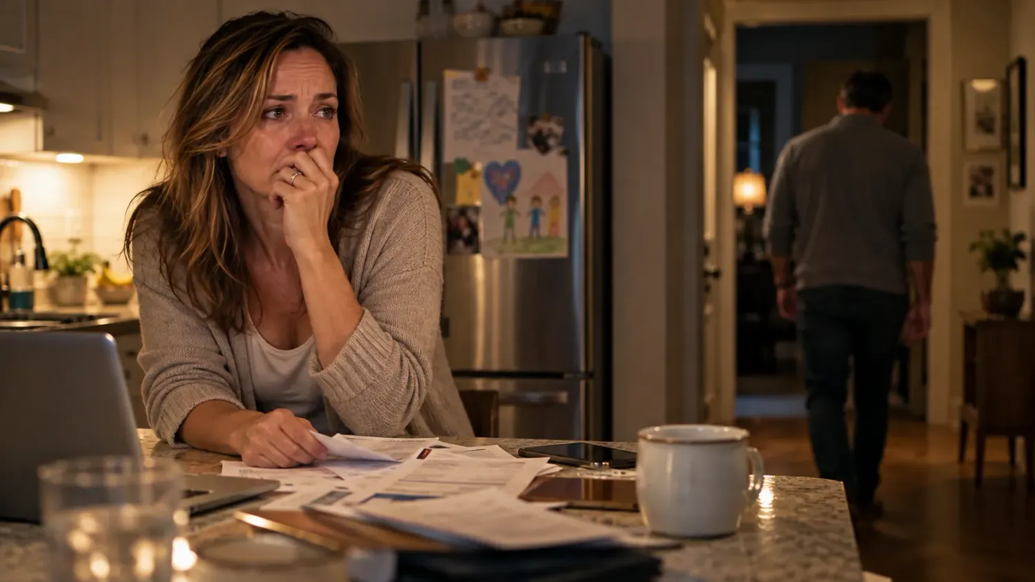 A couple reviewing a banking app at the kitchen table late in the evening
