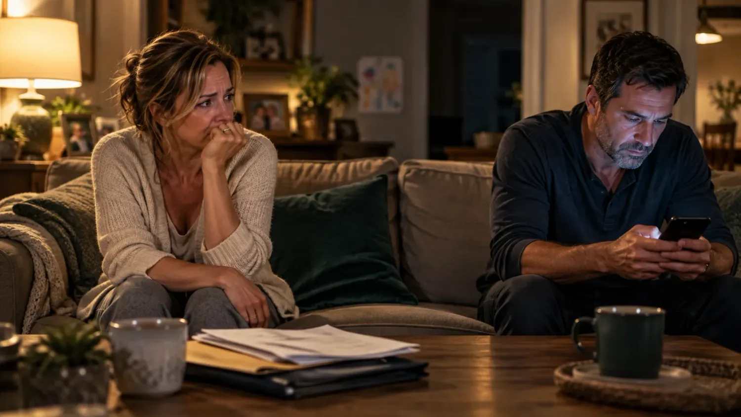 A couple quietly sitting apart after a stressful discussion about money