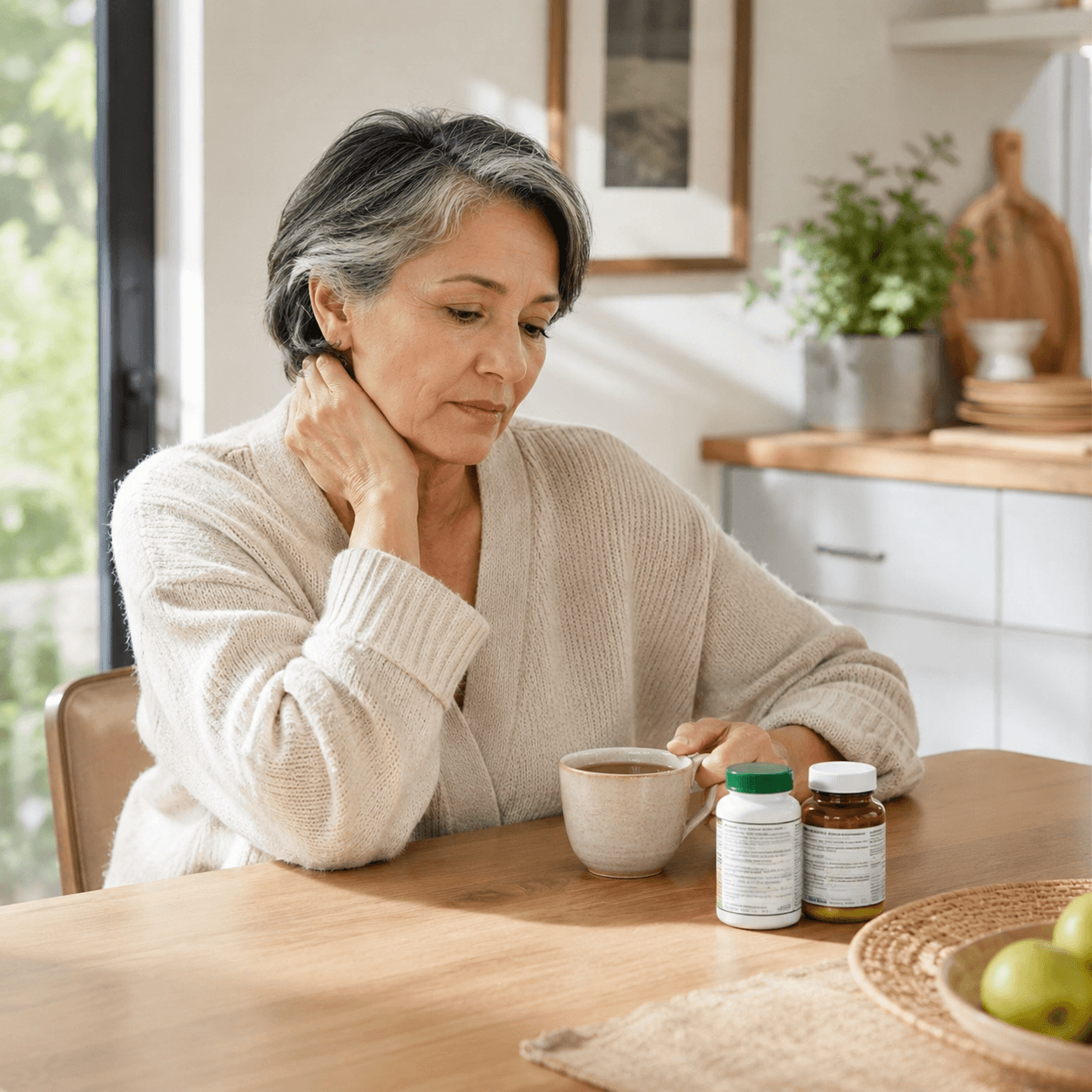 Femme devant différents médicaments