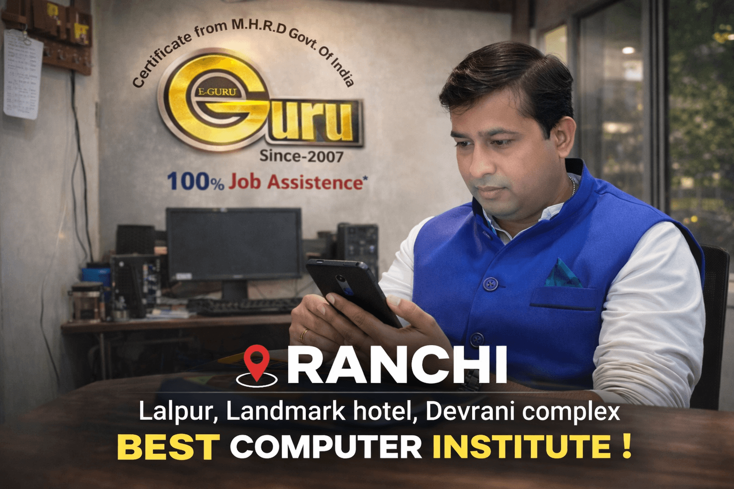 Cinematic promotional image of a middle-aged South Asian man wearing a black polo shirt, seated at a desk inside an office. Behind him is a wall displaying the E-Guru logo with ‘Since-2007’ and ‘100% Job Assistance’ text. Overlaid text reads ‘RANCHI – Lalpur, Landmark Hotel, Devrani Complex’ and ‘BEST COMPUTER INSTITUTE!’ in bold white and yellow lettering.