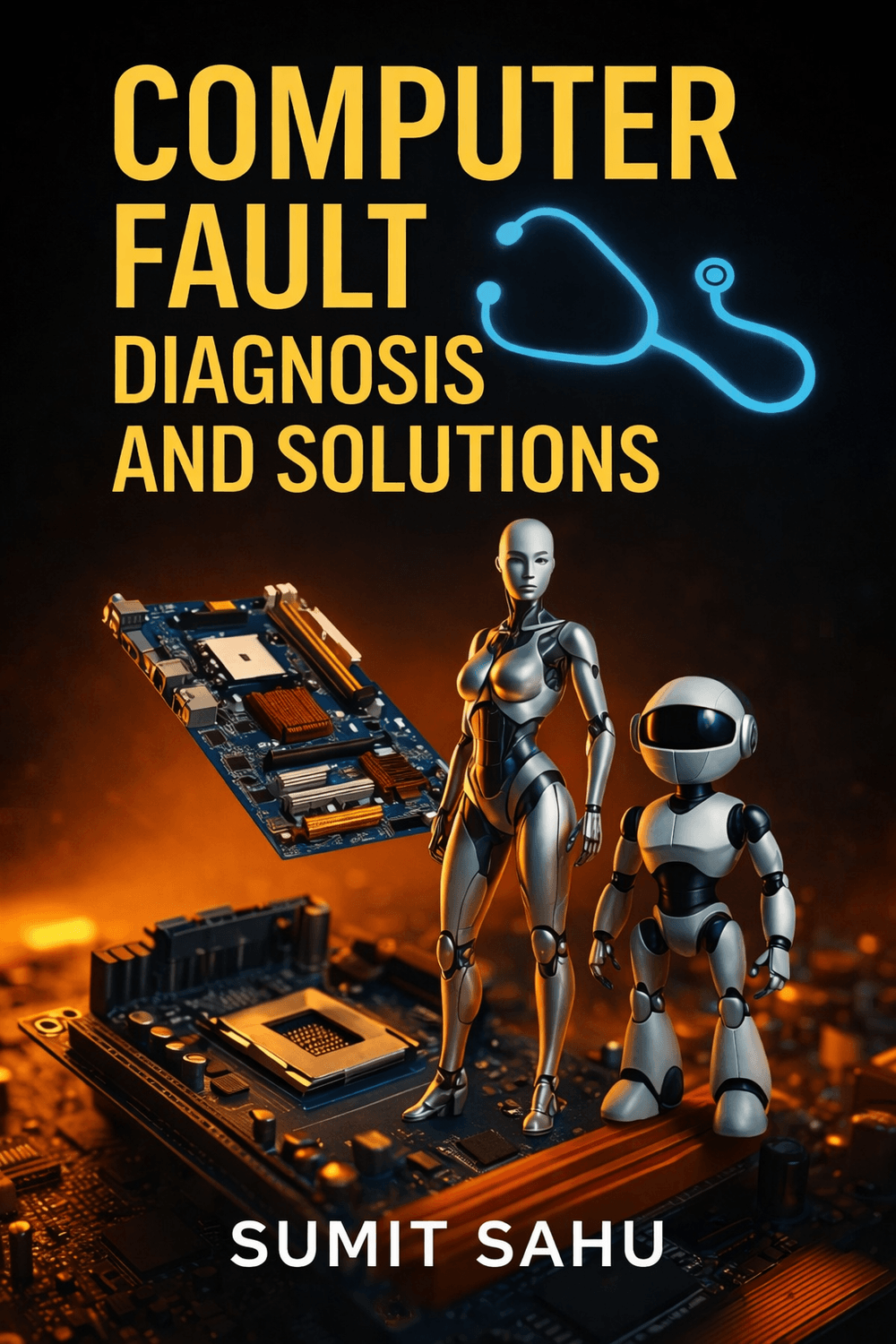 Book cover titled ‘Computer Fault Diagnosis and Solutions’ by Sumit Sahu, featuring bold yellow text on a dark background with a glowing blue stethoscope graphic. Two futuristic robots stand on a motherboard with computer components and a floating circuit board, illuminated by dramatic orange and blue cinematic lighting.