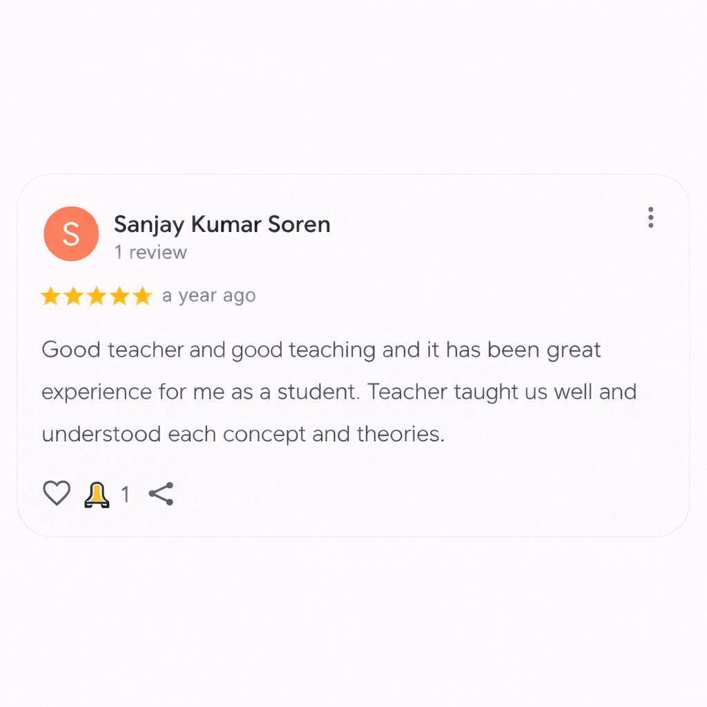 Screenshot of a Google review by Sanjay Kumar Soren showing a 5-star rating and positive feedback about good teaching, clear explanations, and a great learning experience at a computer institute.