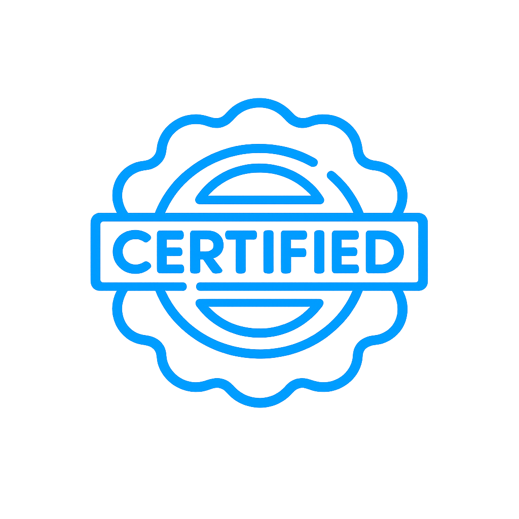 Blue circular certification badge logo with a scalloped edge and the word “CERTIFIED” in bold uppercase letters across the center, designed in a clean vector style on a plain background.