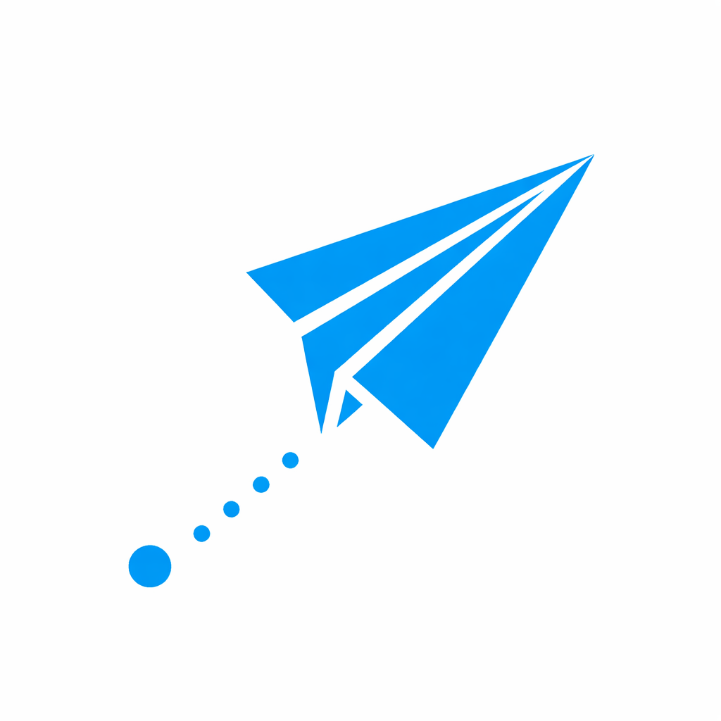 Blue paper airplane logo angled upward with a dotted flight trail behind it, designed in a clean flat vector style on a plain background.