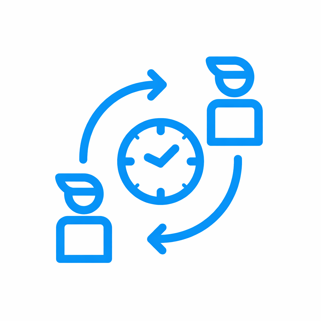 Blue circular process logo featuring a central clock icon surrounded by two curved arrows and two user profile icons, symbolizing time management, collaboration, or workflow rotation in a clean vector style on a plain background.