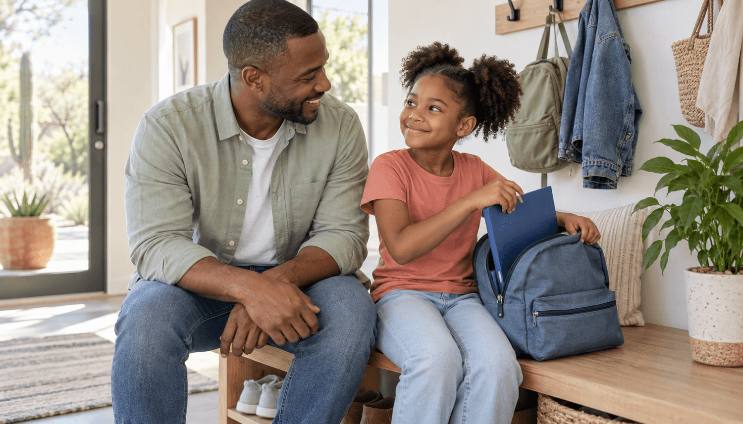 Father supporting his daughter's morning routine