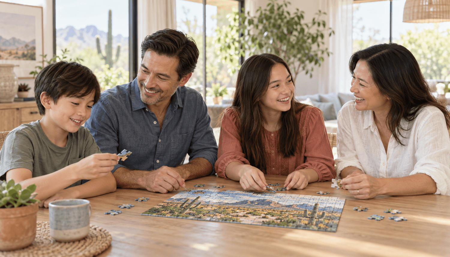 family solving puzzle together
