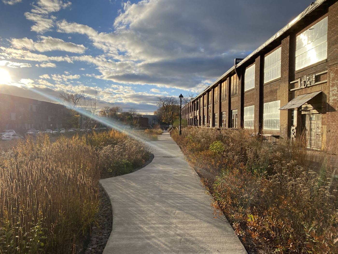 The blue-green alley path in autumn
