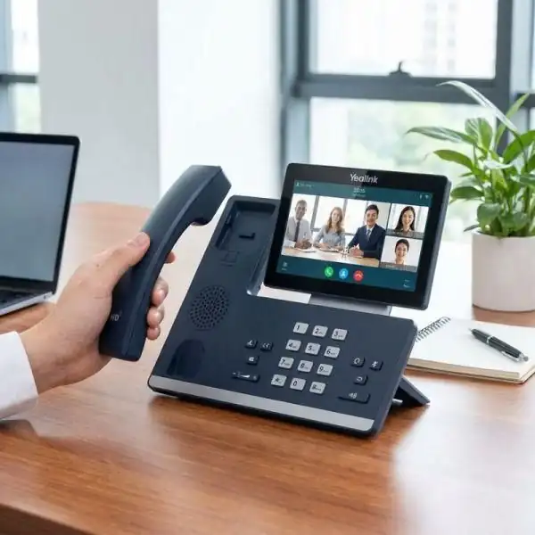 Téléphone IP Yealink avec écran de visioconférence sur un bureau