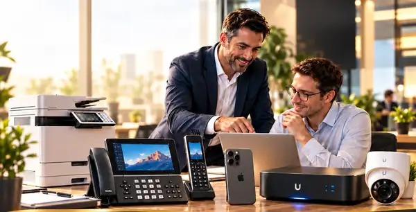 Un conseiller Six TO One et son client satisfait, entourés de copieur, téléphones IP, borne réseau et caméra modernes