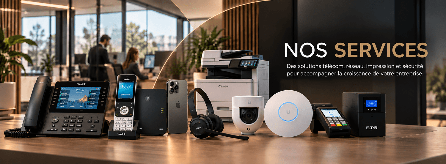 Nos services Six TO One : téléphones IP Yealink, copieur Canon, caméra, borne Wi-Fi Ubiquiti, casque, terminal de paiement et onduleur