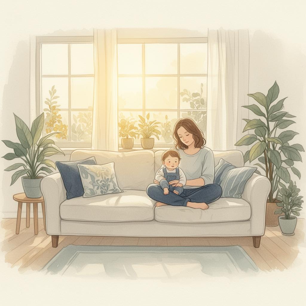 Une maman et son enfant apaisés dans un salon lumineux