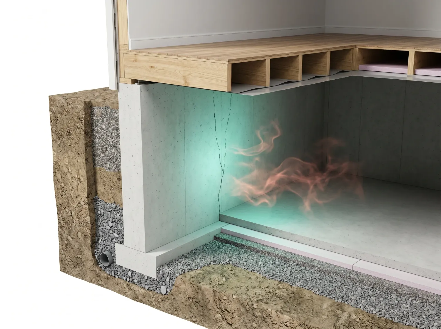 Cross-section diagram showing radon gas entering a home through foundation cracks