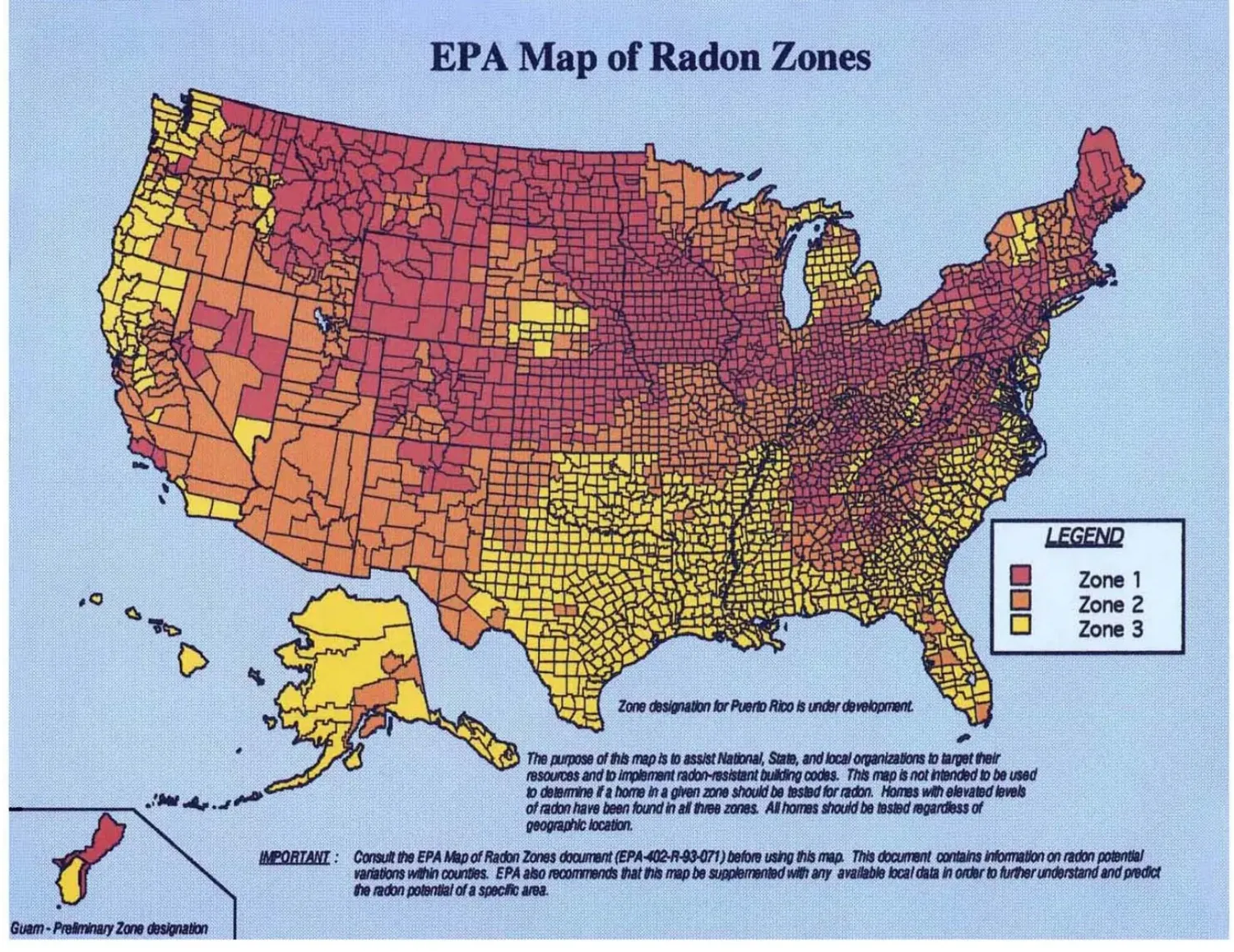 EPA Map of Radon Zones showing county-level radon potential across the United States in three zones