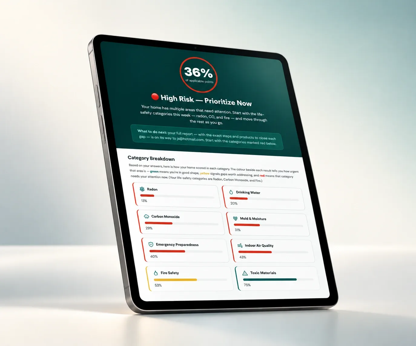 Sample Home Wellness Audit report shown on a tablet