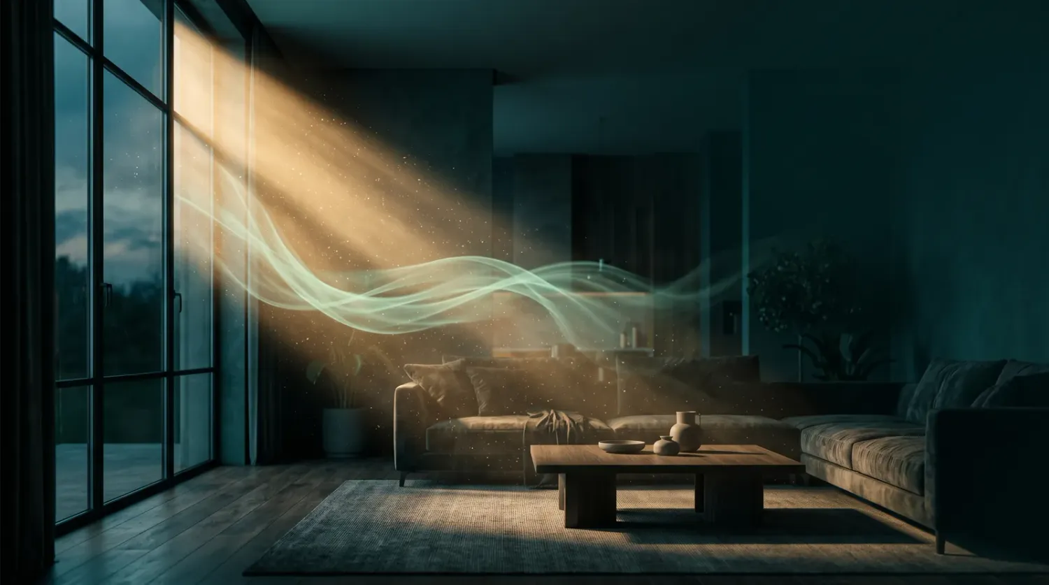 Evening light through a living room window