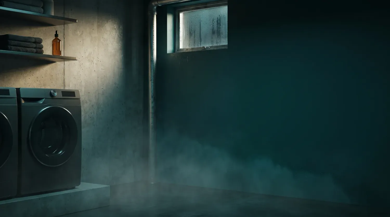 A dim interior corner where moisture collects