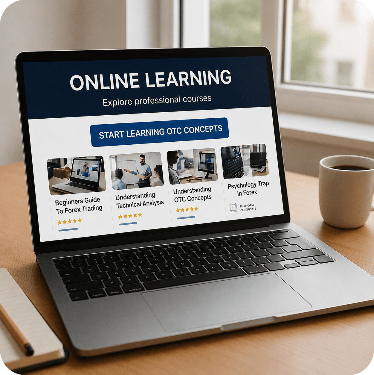 TradeWithOTC online courses shown on a laptop screen