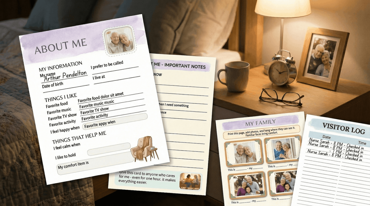 About Me Card, Family Photos & Visitor Log — Dementia Care Guide