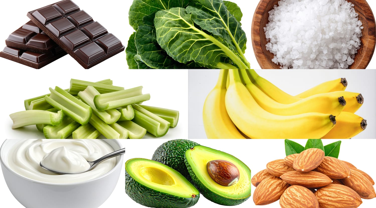 natural electrolyte sources; chocolate, kale, salt, celery, banana, greek yogurt, avocado, almonds