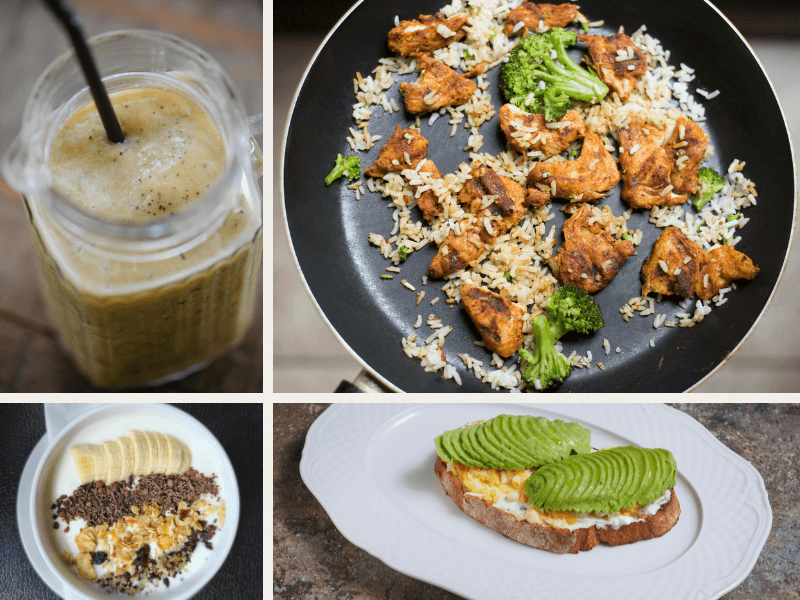 POST WORKOUT MEALS, SMOOTHIE, CHICKEN AND RICE, BANANA BOWL, AVOCADO TOAST