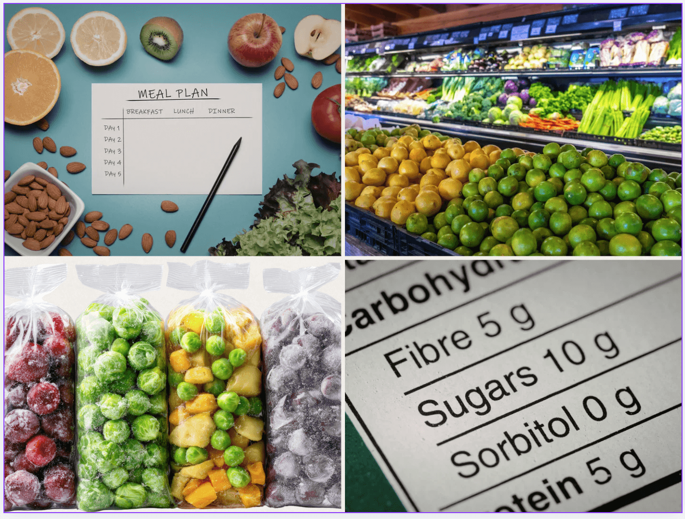 meal plan, fruits, frozen food, food label