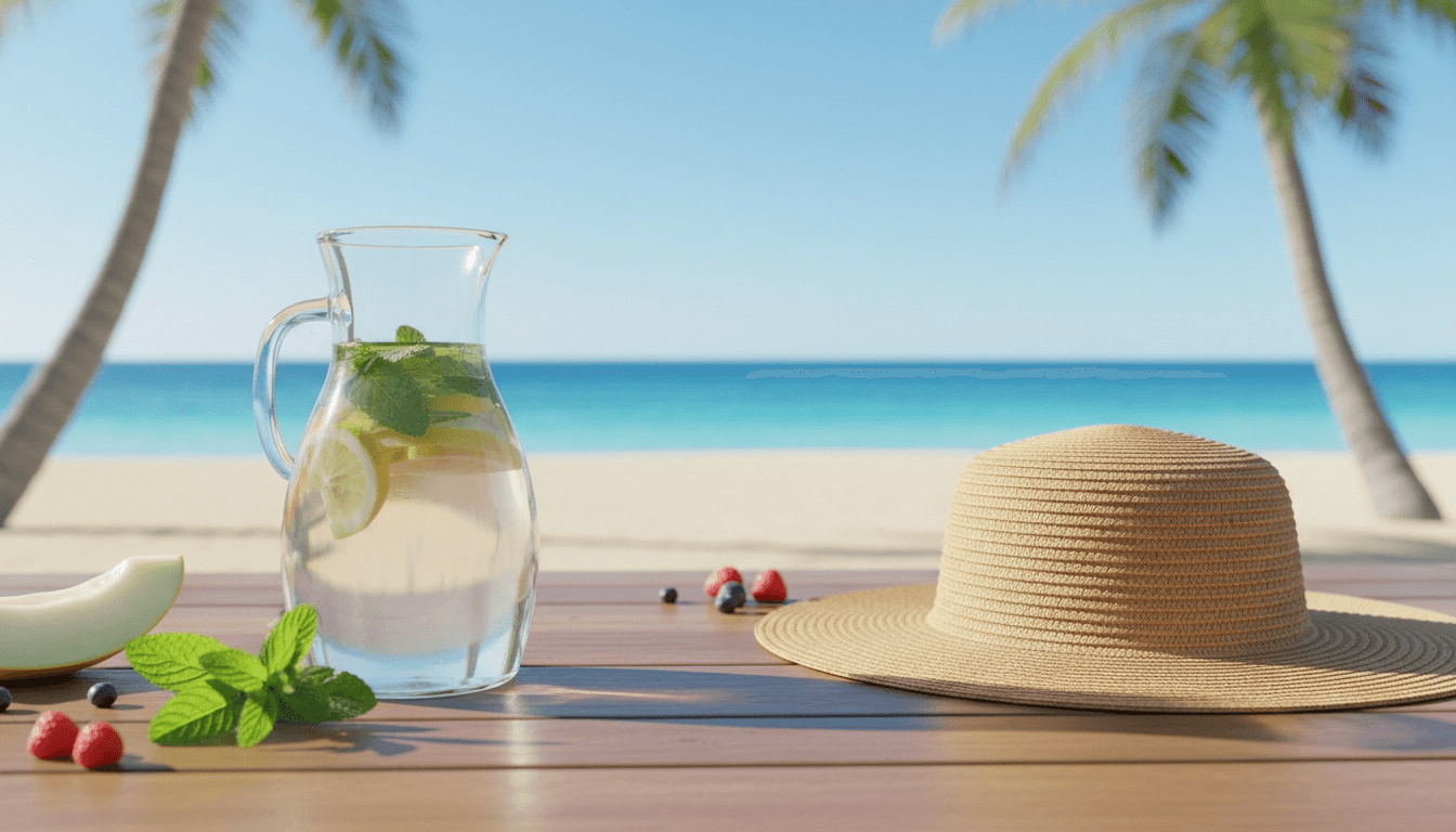 a sunny day on the beach, water with fruit, represents body hydration