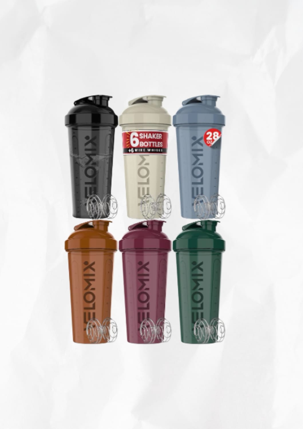 VELOMIX -6 PACK- 28 oz Protein Shaker Bottle for Protein Mixes