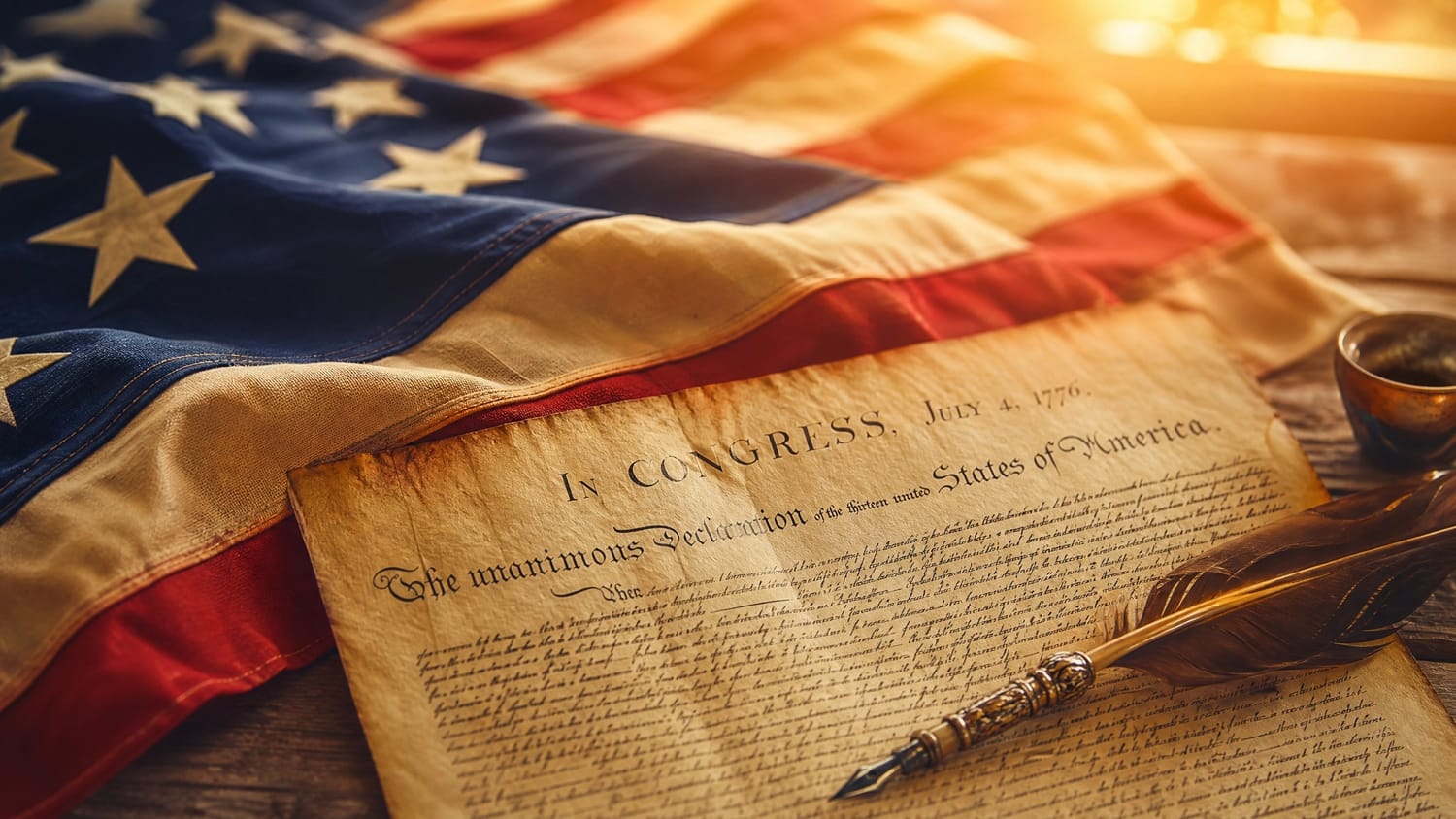 The Declaration sign on July 4th, and American flag