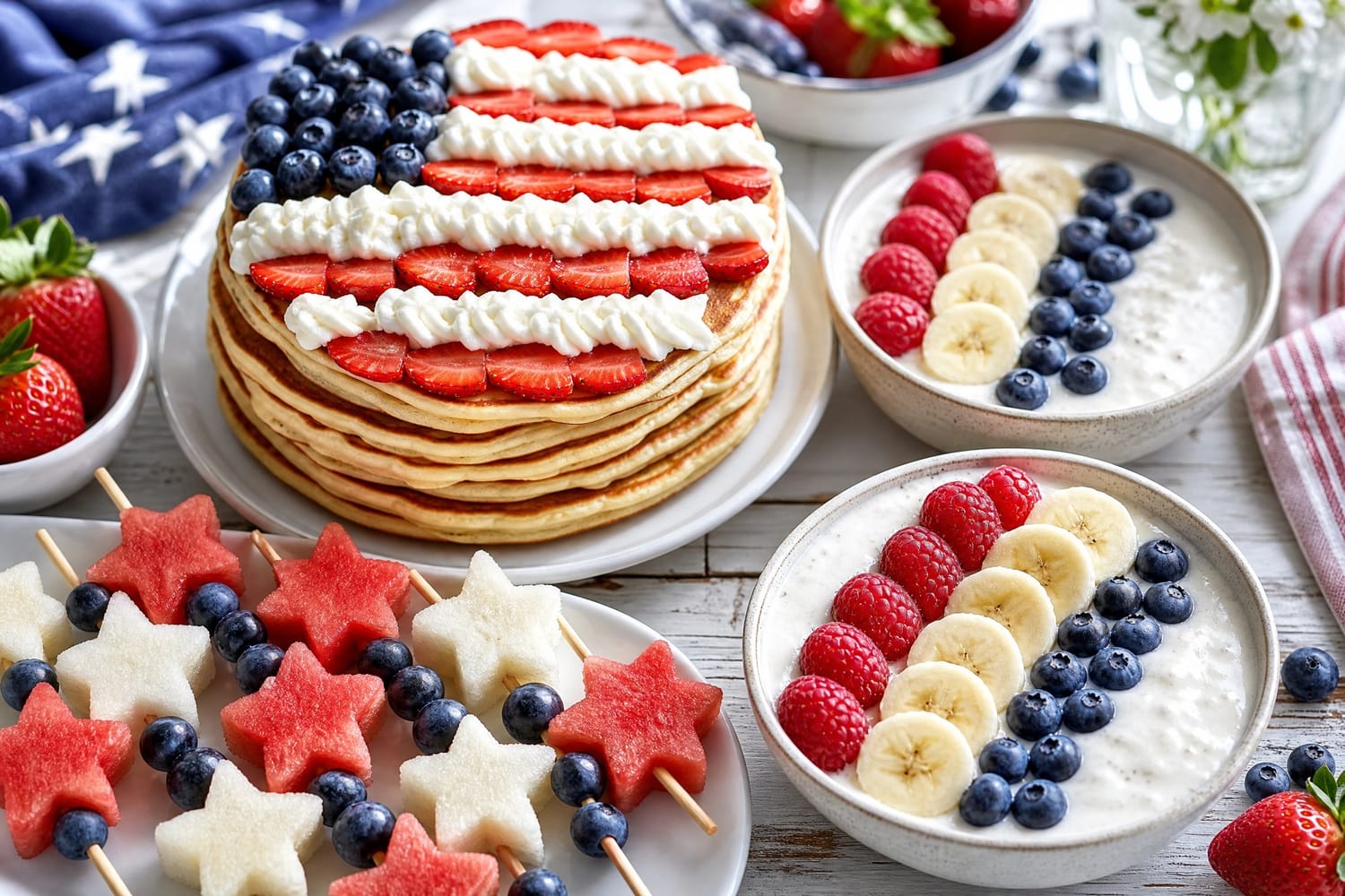 What to bake on 4th of july for breakfast, pancake, fruits in colors blue, red and white