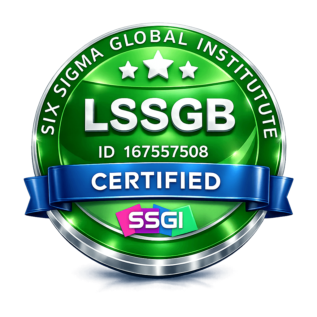 Lean Six Sigma Green Belt - Gerardo Savo González, GSG Global Ops Lean Six Sigma Green Belt certification badge from Six Sigma Global Institute — process improvement and operational efficiency for private healthcare clinics