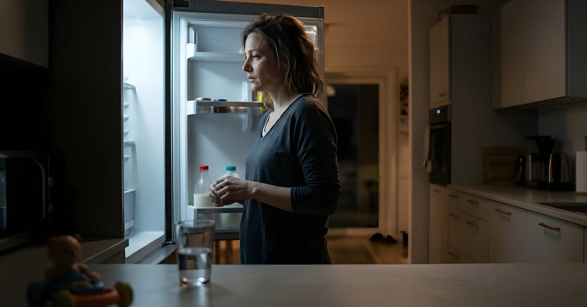 woman looking into fridge at night during keto sugar cravings