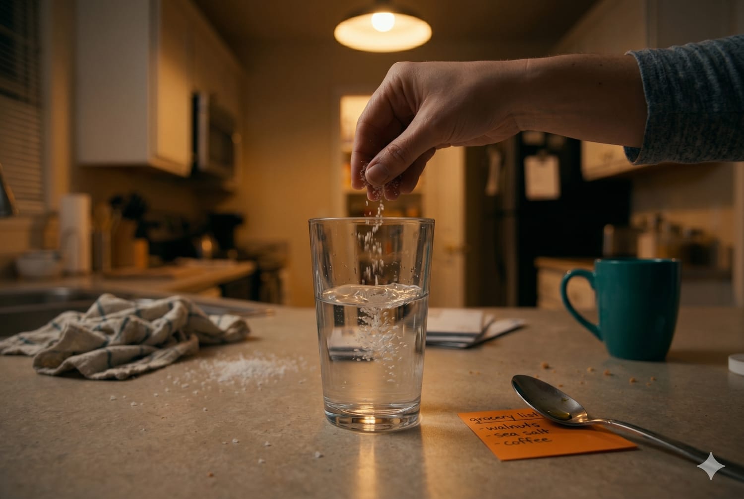 hand adding salt to water as a simple keto electrolyte habit to reduce cravings