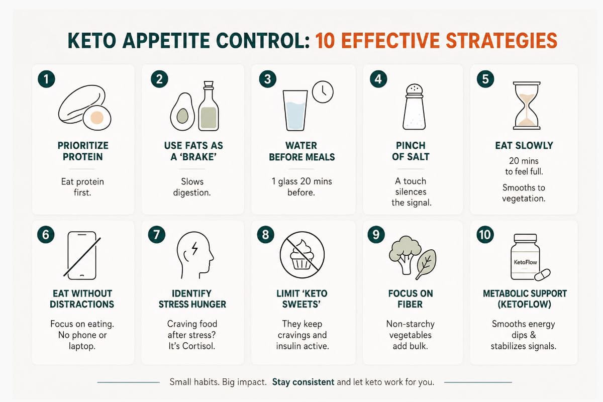 keto appetite control infographic: protein, fat, hydration, sleep, support