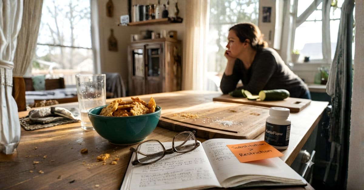 A cozy, real-life kitchen counter with natural afternoon light. A bowl of keto cheese crisps sits next to a half-chopped zucchini, a small bottle, and a pair of reading glasses.
