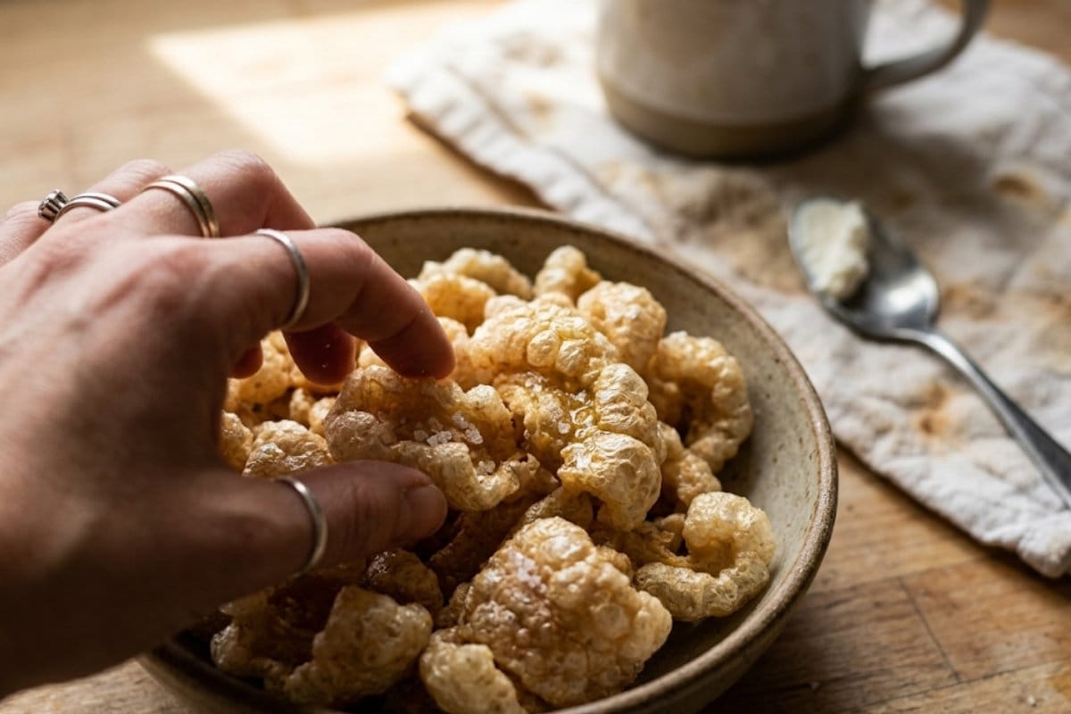 A bowl of pork rinds next to cucumber slices and cheese crisps – crunchy keto snacks