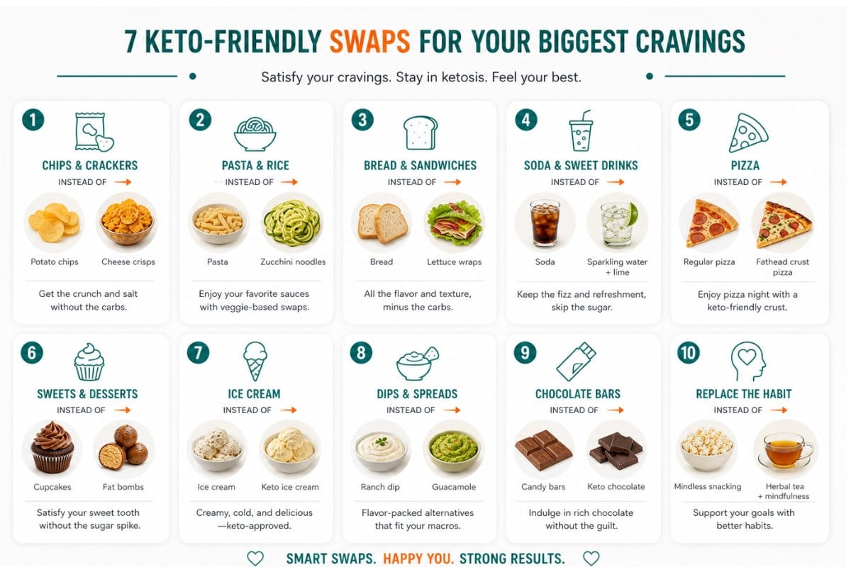 Infographic showing 7 keto-friendly swaps for chips, pasta, rice, bread, and sweets