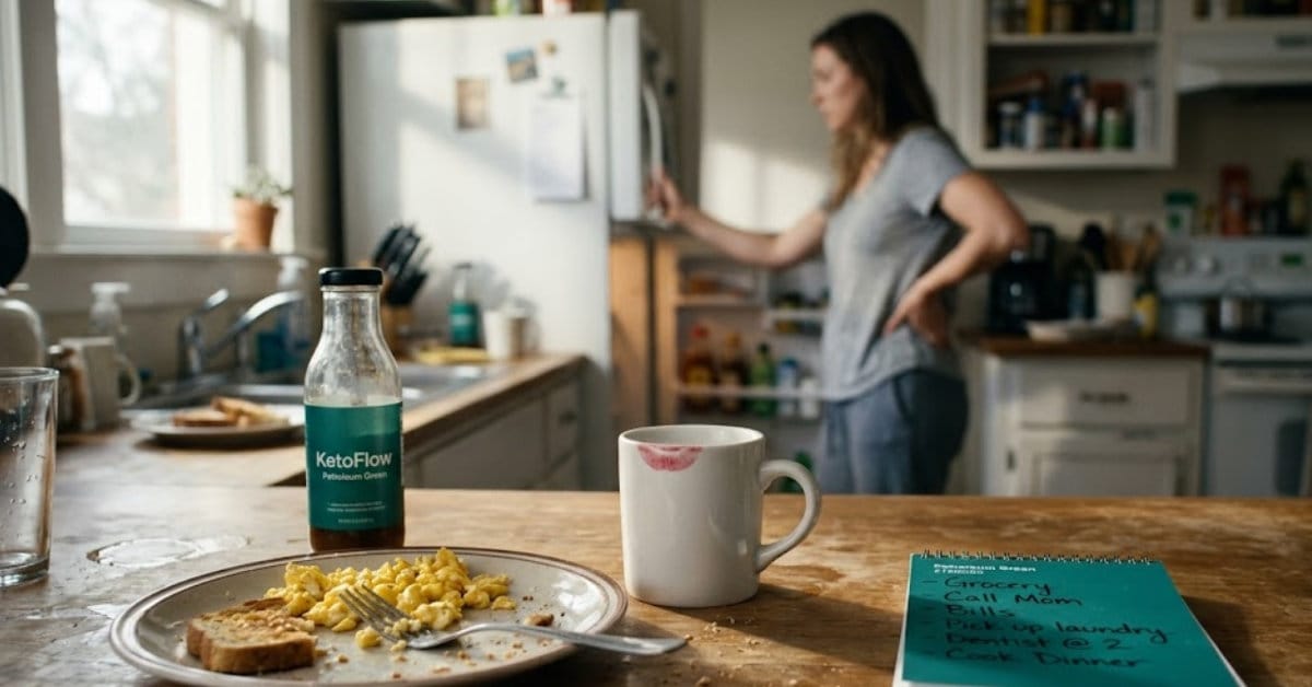 A real-life kitchen counter in the late morning. There is a half-eaten plate of eggs, a stray coffee mug with a lipstick mark on the rim, and a list of handwritten errands on a notepad.