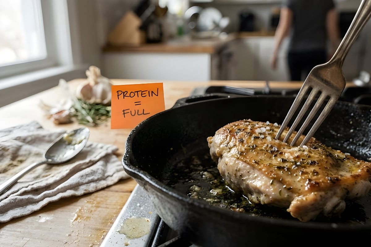 A protein-rich keto meal in a pan: chicken with vegetables, showing what true satiety looks like