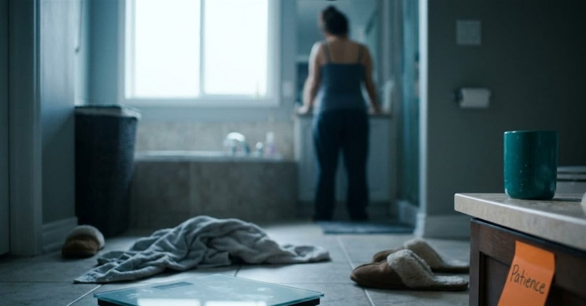 A bathroom floor in the early morning light with a digital scale beside slippers and a towel, capturing frustration during a keto plateau.