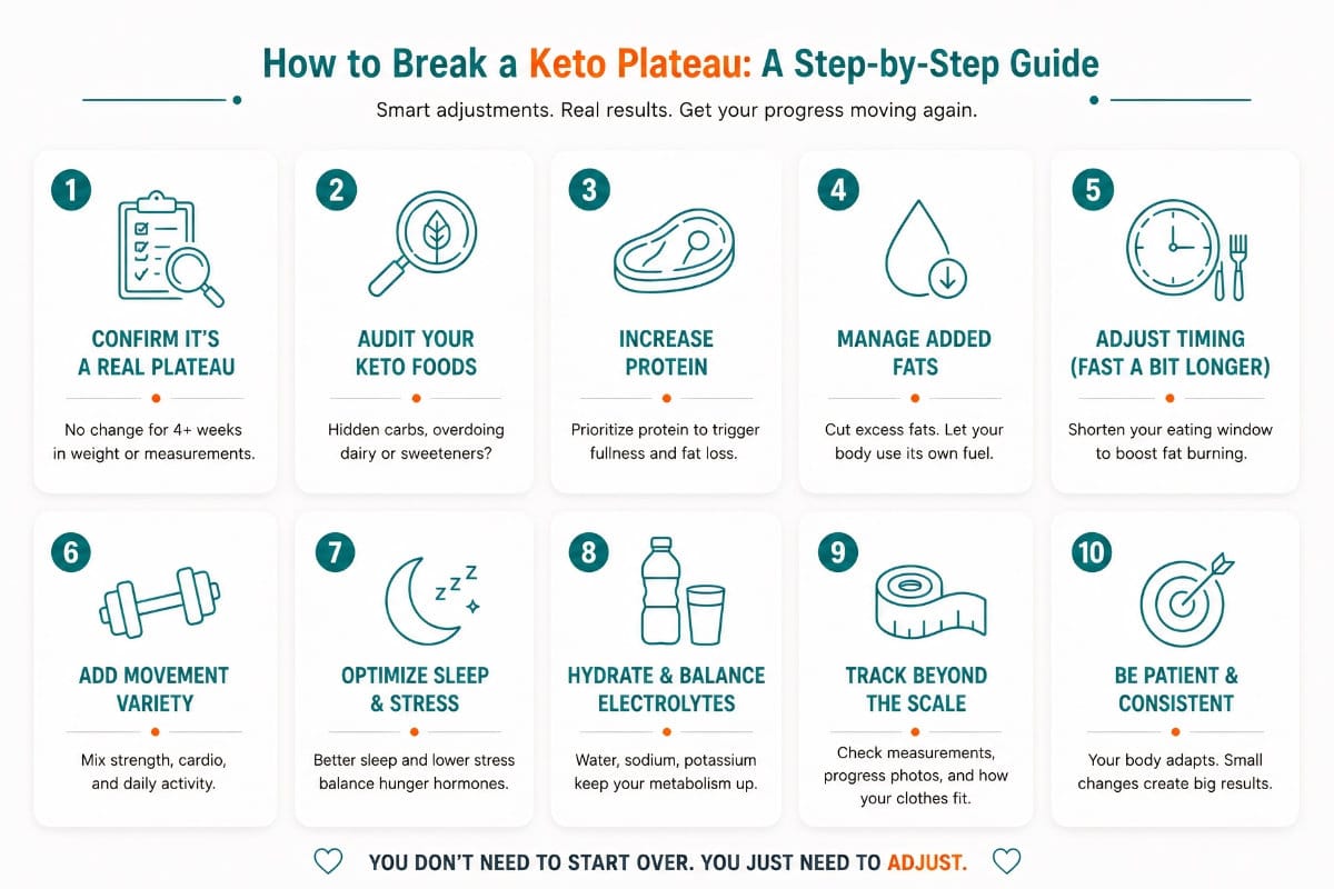 Infographic showing common keto plateau causes and strategies to restart fat loss.
