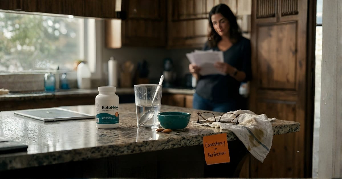 A real-life kitchen counter in the soft afternoon light with KetoFlow, a glass of water, school permission slips, almonds, and reading glasses — capturing the reality of busy women doing keto.