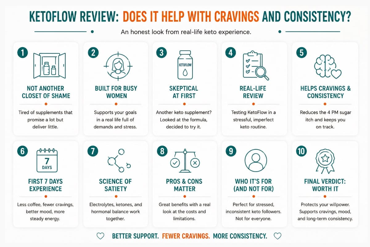 Infographic showing how KetoFlow supports cravings and consistency for women doing keto in real life.