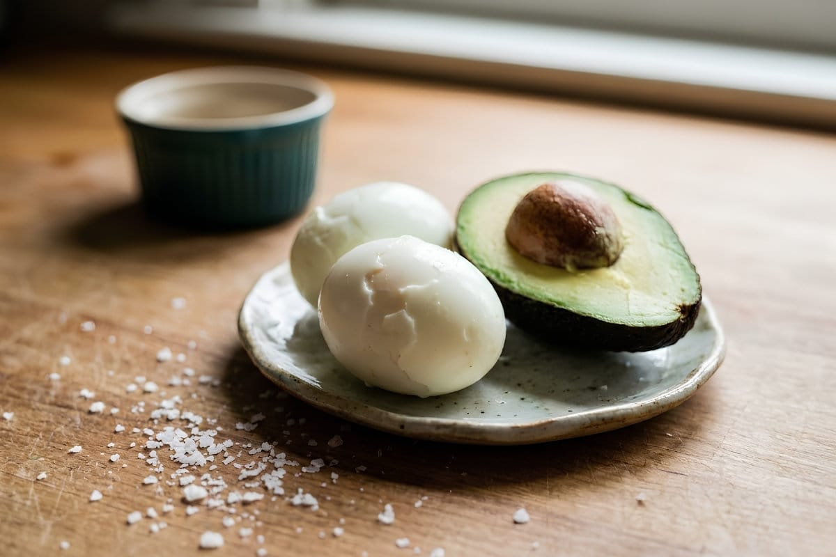 A simple keto recovery meal setup with eggs, avocado, and hydration on a real kitchen counter.
