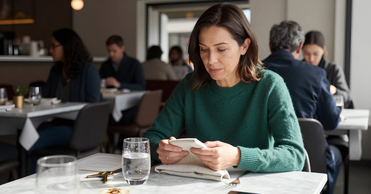 Woman smiling at a social dinner table under soft window light