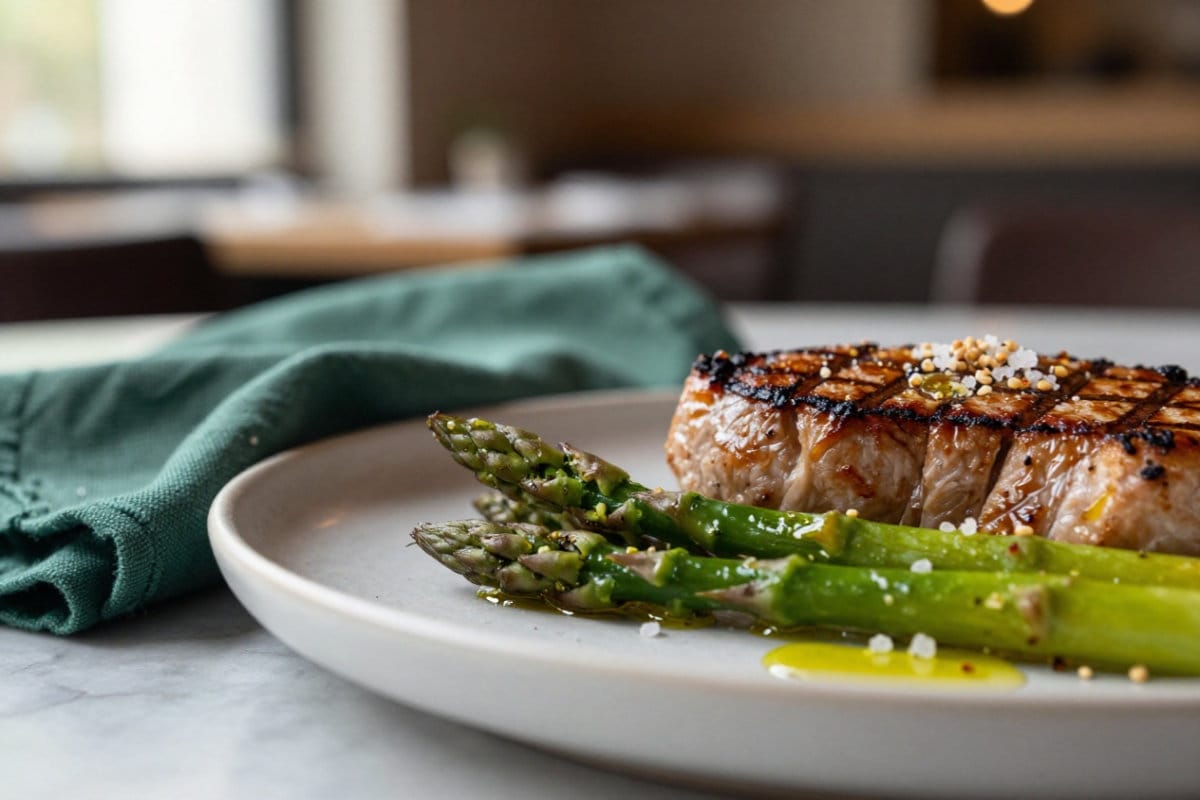 Grilled steak with asparagus and side salad on a restaurant plate