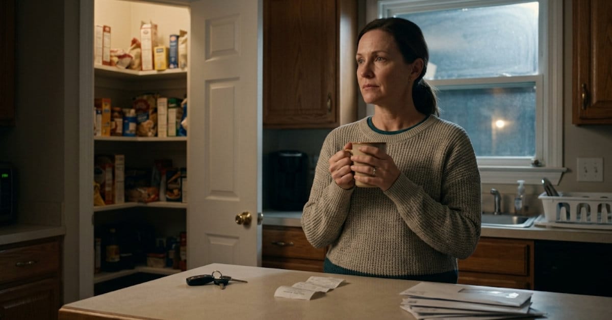 Woman standing thoughtfully in a dimly lit kitchen holding a warm mug