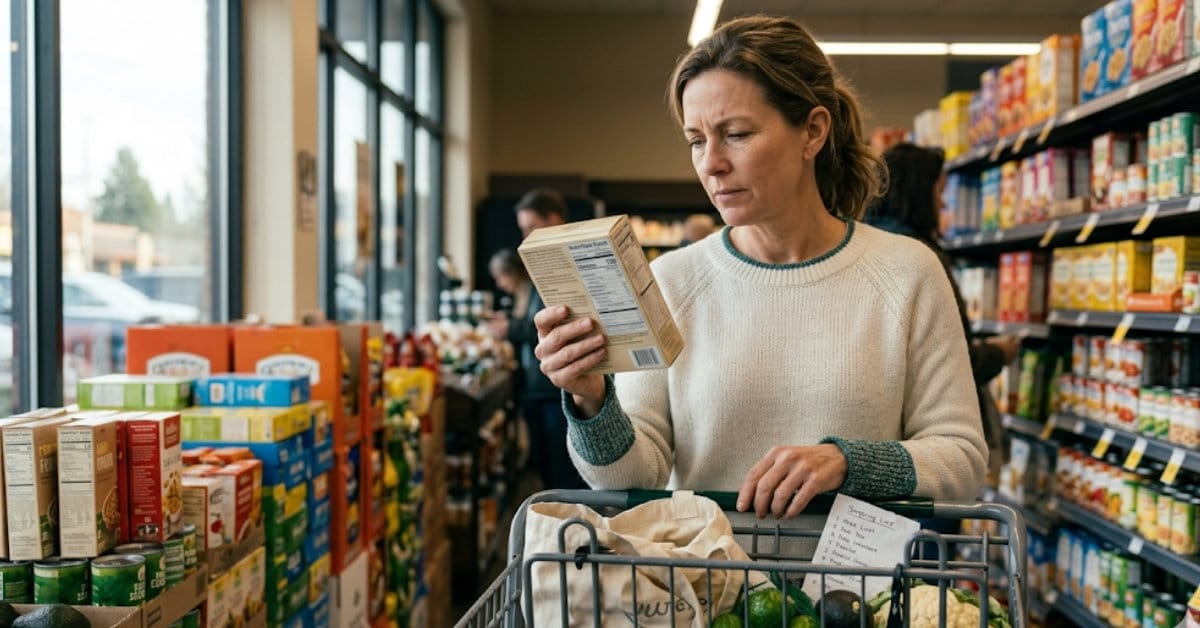 Woman standing thoughtfully in a grocery store aisle scanning a food label